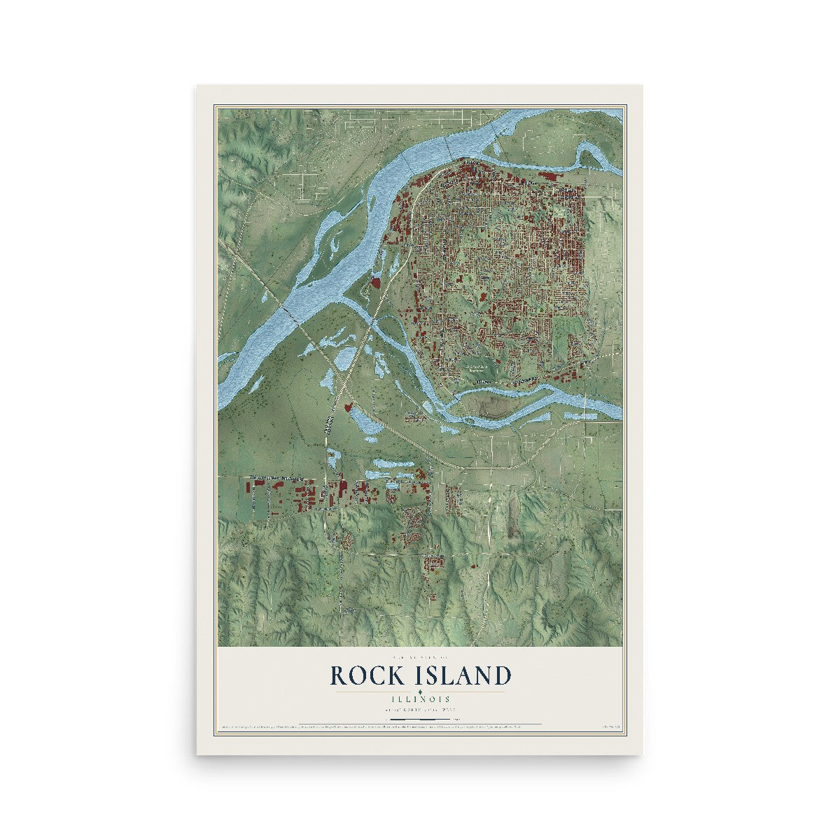 Map of Rock Island, Illinois, 12 x 18 inch unframed archival matte print