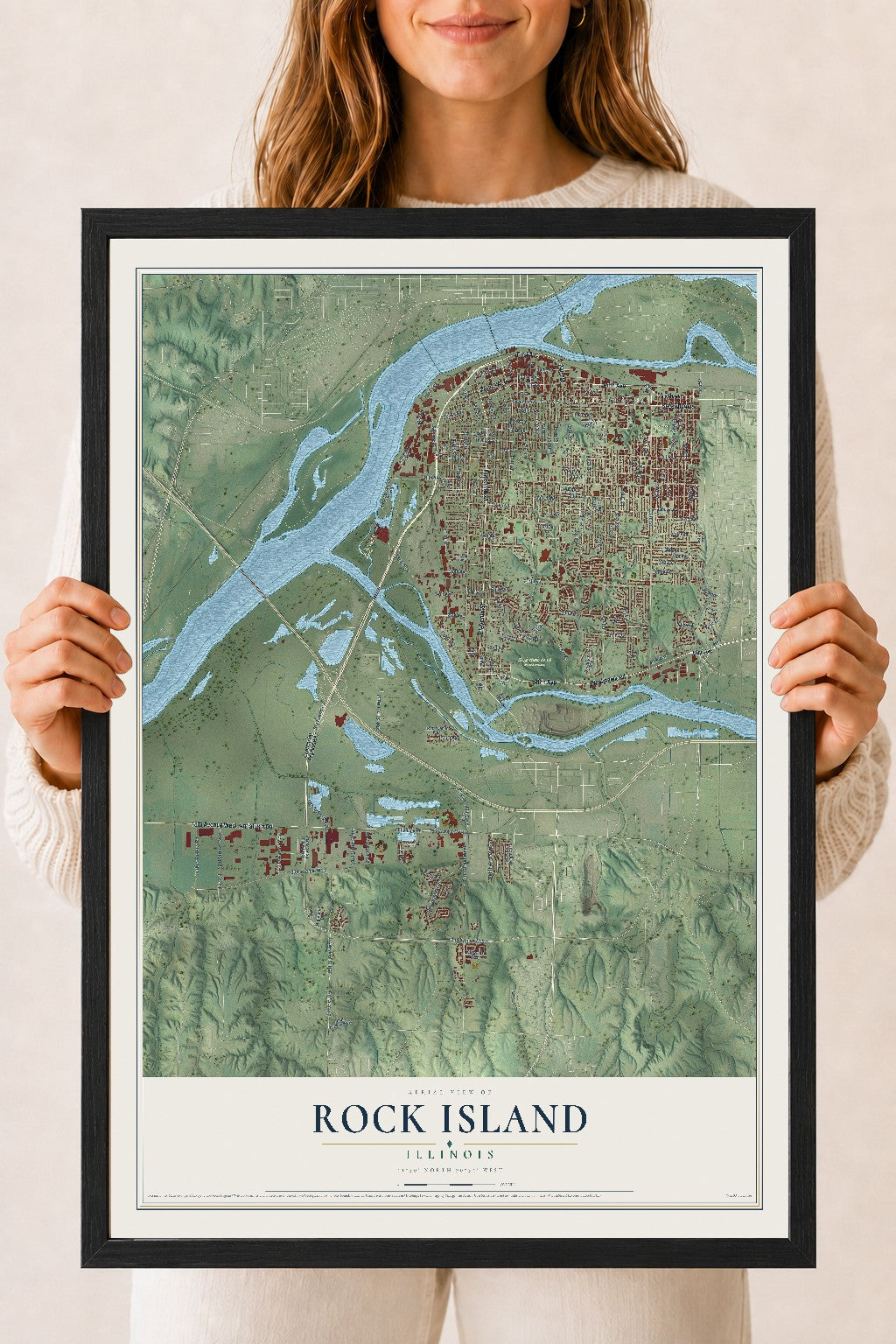 Map of Rock Island, Illinois, 18 x 24 inch print in a black wood frame
