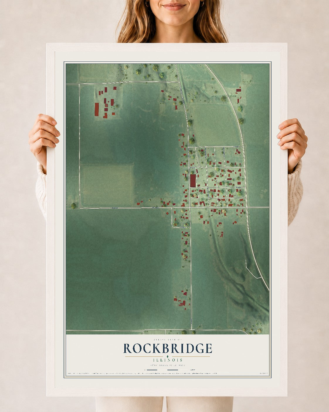 Map of Rockbridge, Illinois, 24 x 36 inch print in a white wood frame