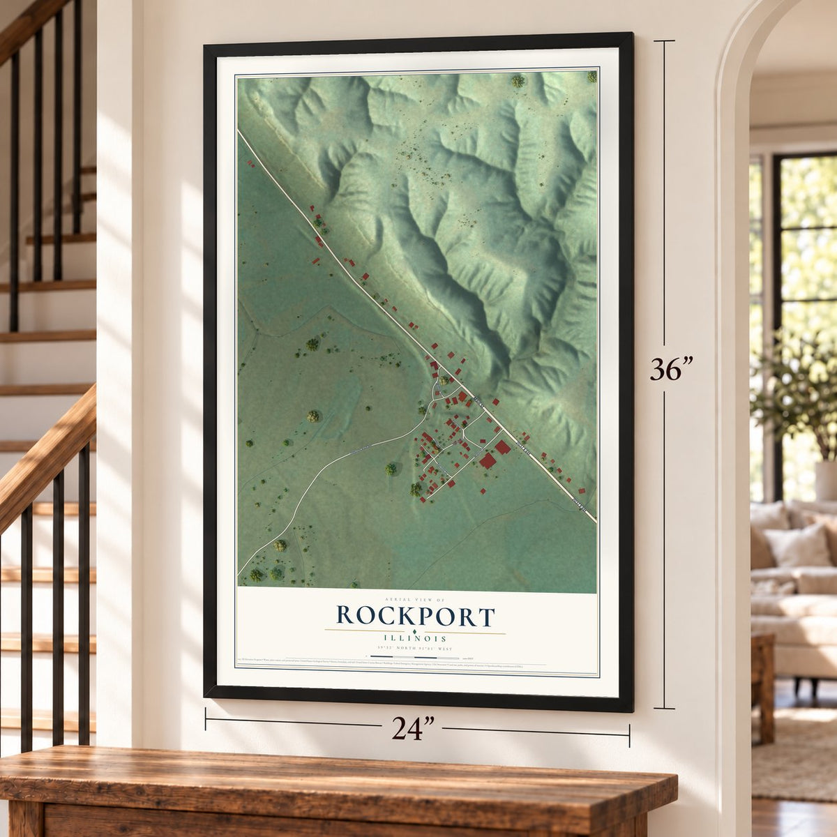 Rockport, Illinois map, 24 x 36 inch print in a black frame by a staircase
