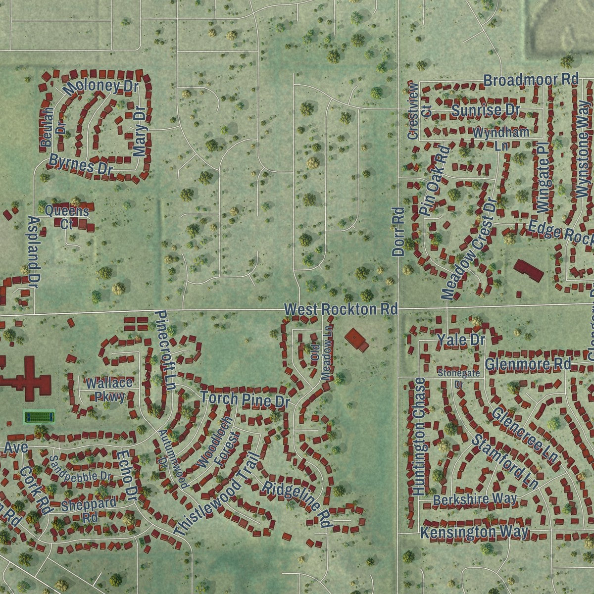 Close-up of the map of Rockton, Illinois print showing street and building detail