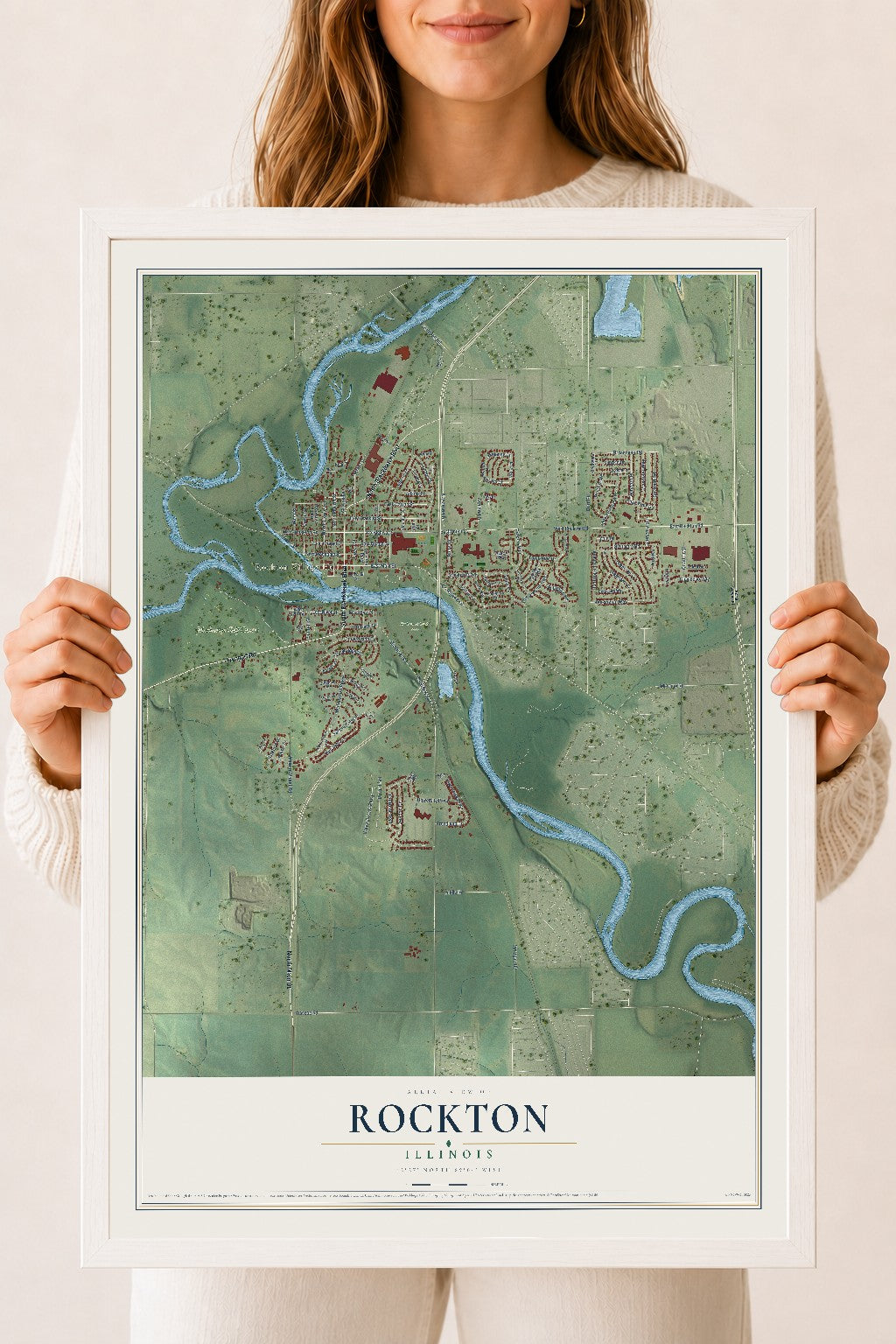 Map of Rockton, Illinois, 18 x 24 inch print in a white wood frame