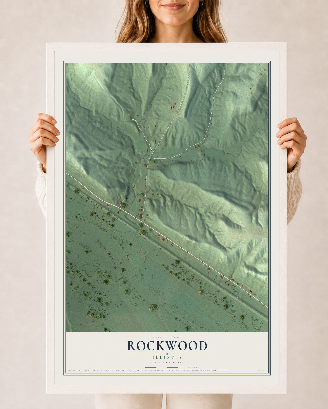 Map of Rockwood, Illinois, 24 x 36 inch print in a white wood frame