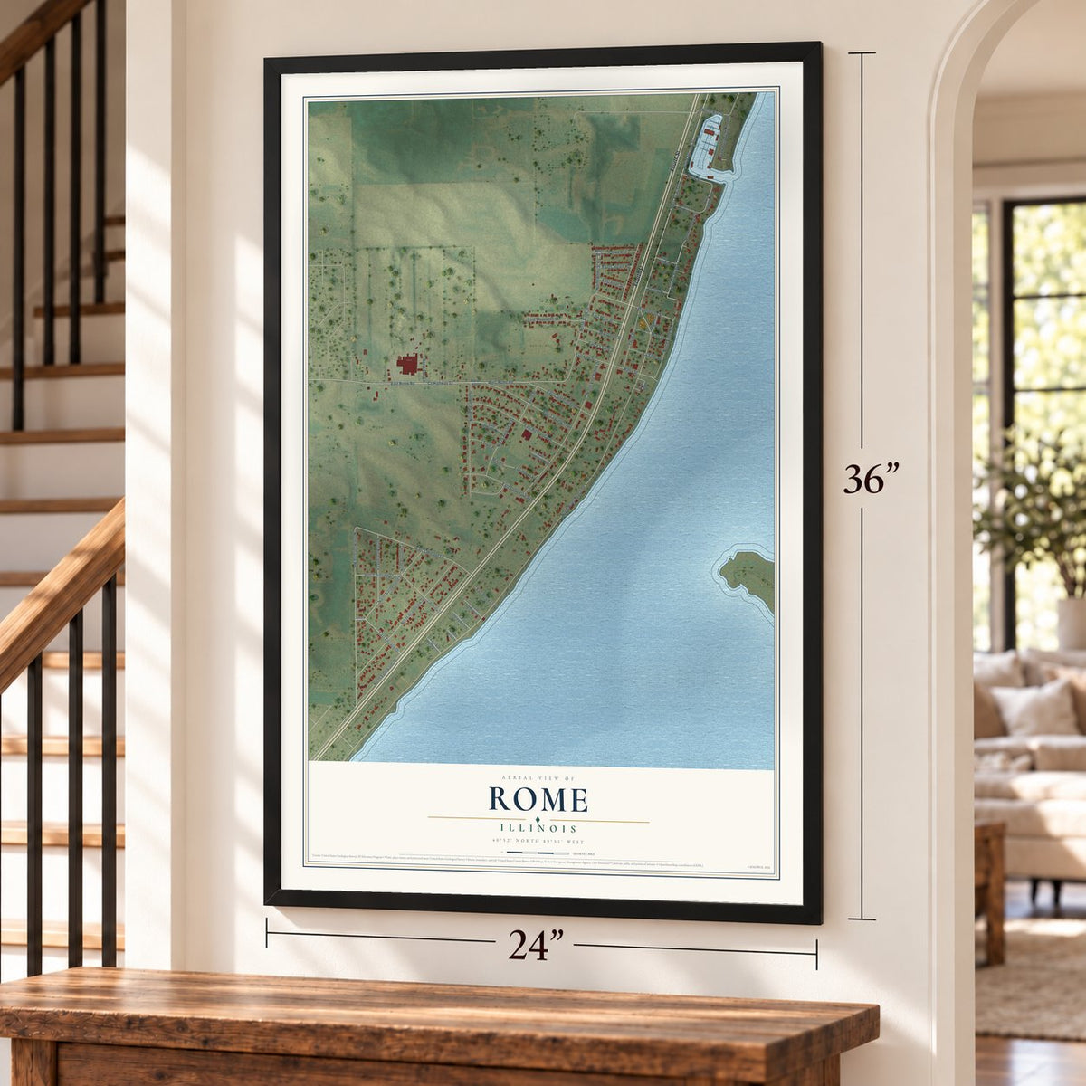 Rome, Illinois map, 24 x 36 inch print in a black frame by a staircase