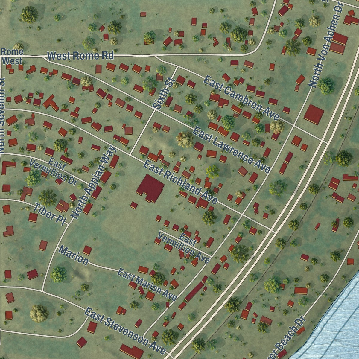 Close-up of the map of Rome, Illinois print showing street and building detail