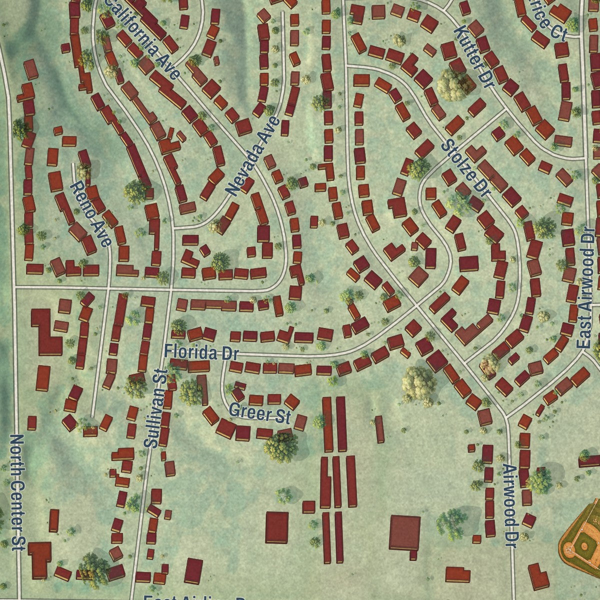 Close-up of the map of Rosewood Heights, Illinois print showing street and building detail