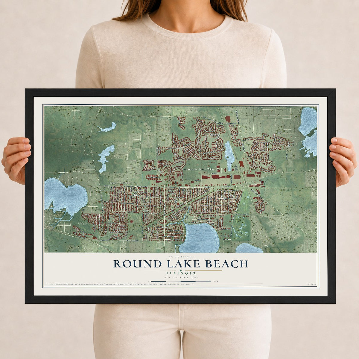 Map of Round Lake Beach, Illinois, 12 x 18 inch print in a black wood frame