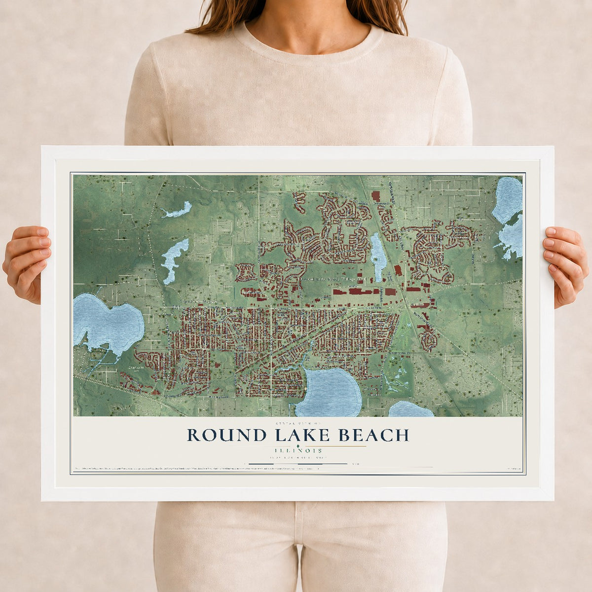 Map of Round Lake Beach, Illinois, 12 x 18 inch print in a white wood frame