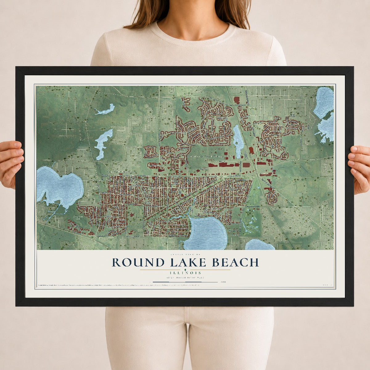 Map of Round Lake Beach, Illinois, 18 x 24 inch print in a black wood frame