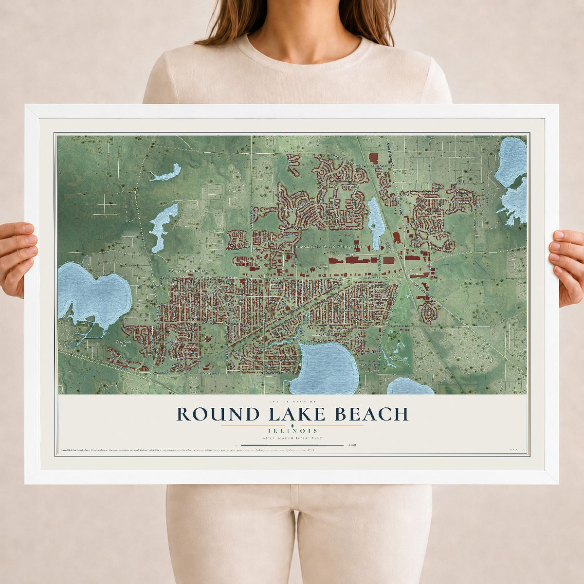 Map of Round Lake Beach, Illinois, 18 x 24 inch print in a white wood frame