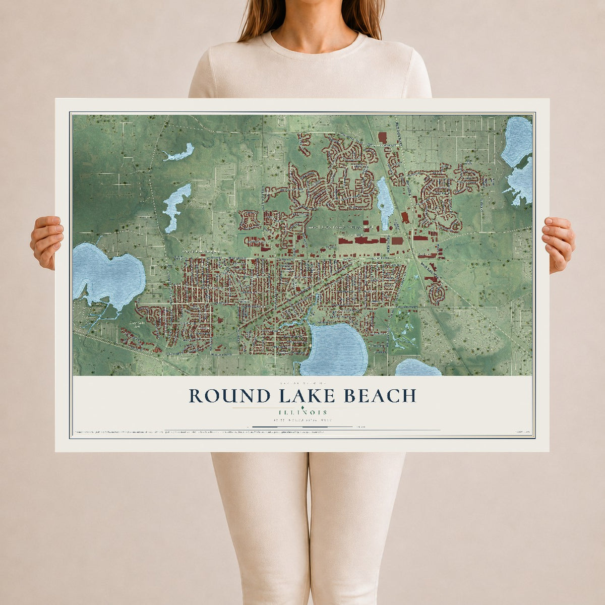 Map of Round Lake Beach, Illinois, 24 x 36 inch unframed archival matte print