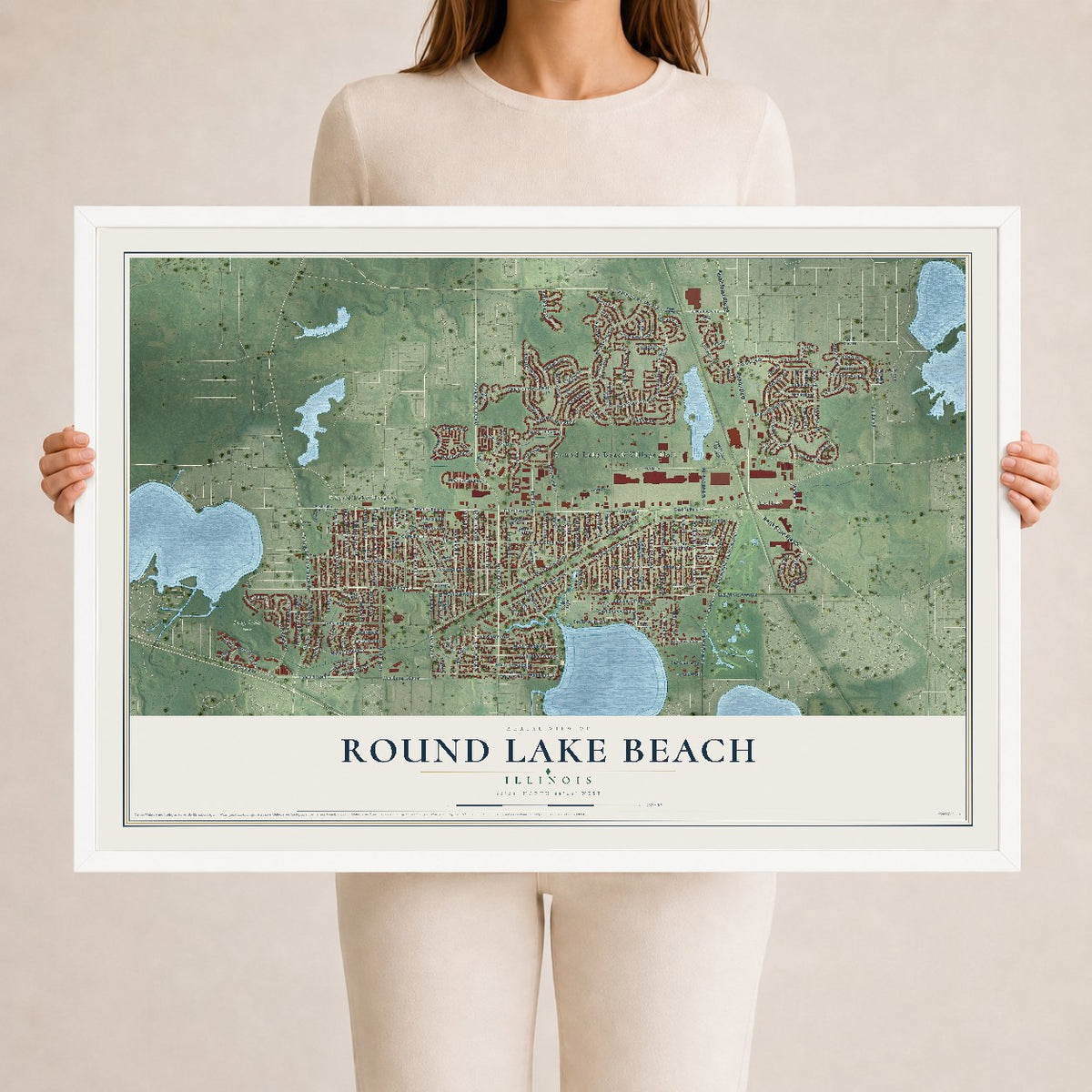 Map of Round Lake Beach, Illinois, 24 x 36 inch print in a white wood frame
