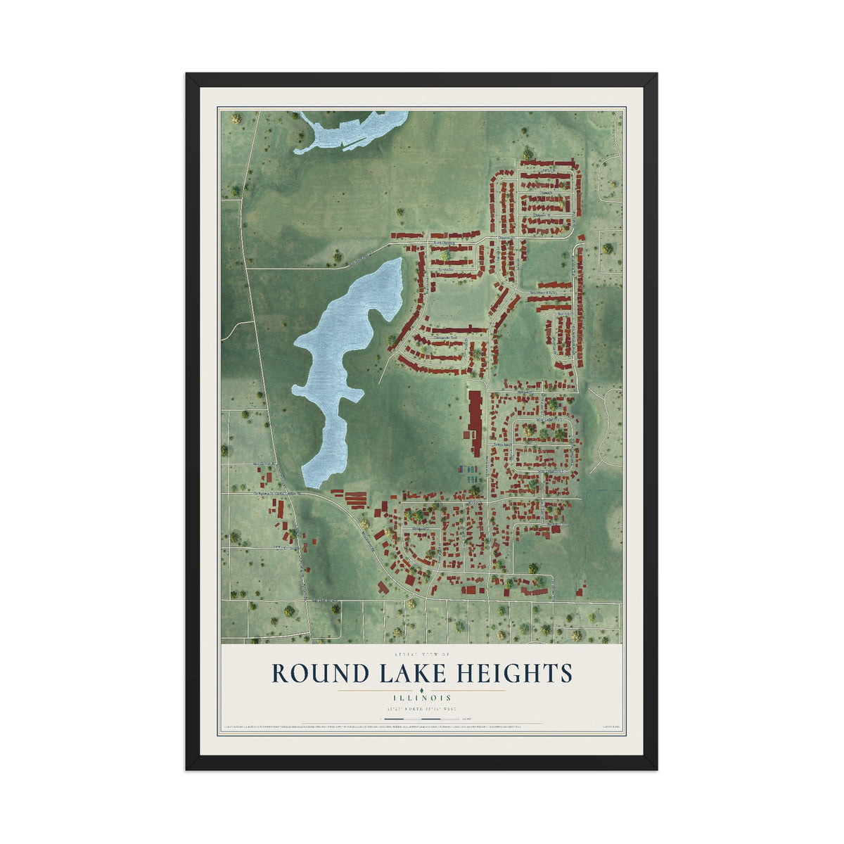 Map of Round Lake Heights, Illinois, 12 x 18 inch print in a black wood frame