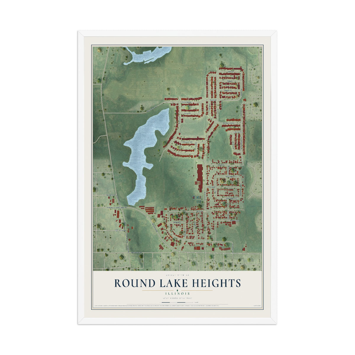 Map of Round Lake Heights, Illinois, 12 x 18 inch print in a white wood frame