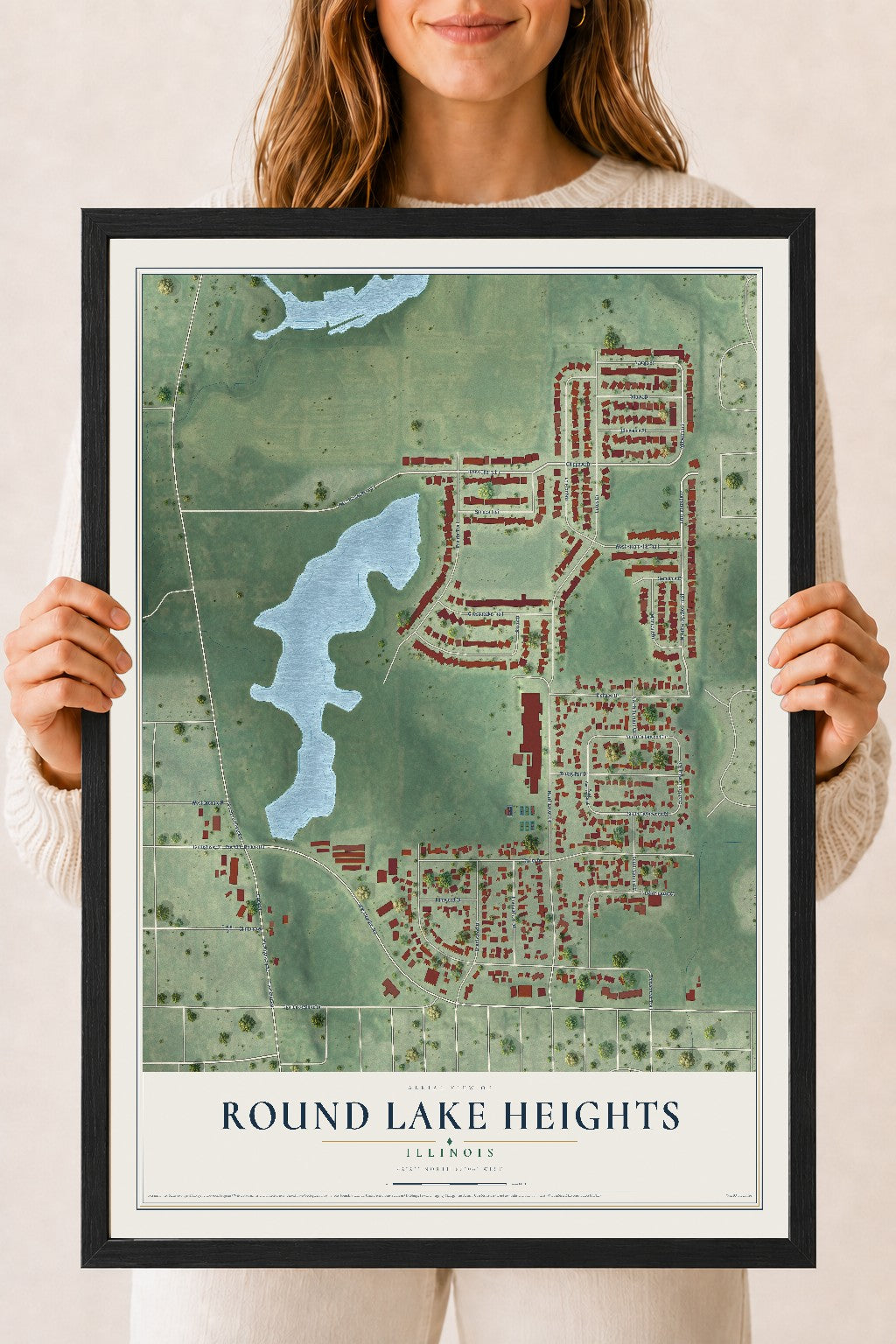 Map of Round Lake Heights, Illinois, 18 x 24 inch print in a black wood frame