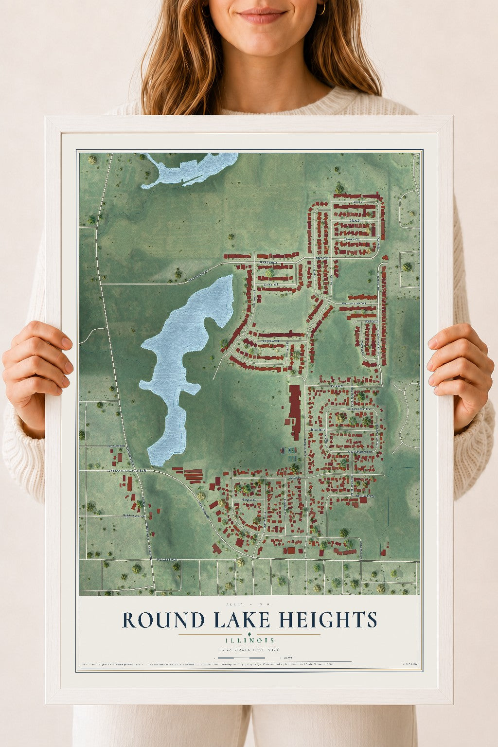 Map of Round Lake Heights, Illinois, 18 x 24 inch print in a white wood frame