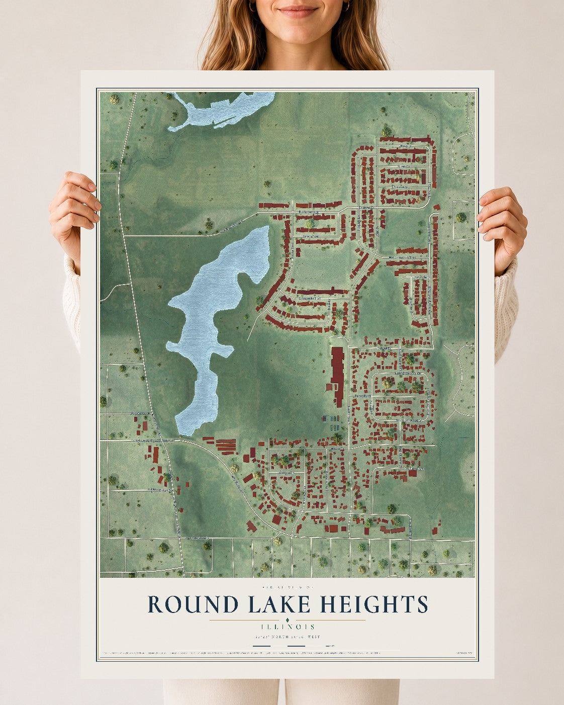 Map of Round Lake Heights, Illinois, 24 x 36 inch unframed archival matte print