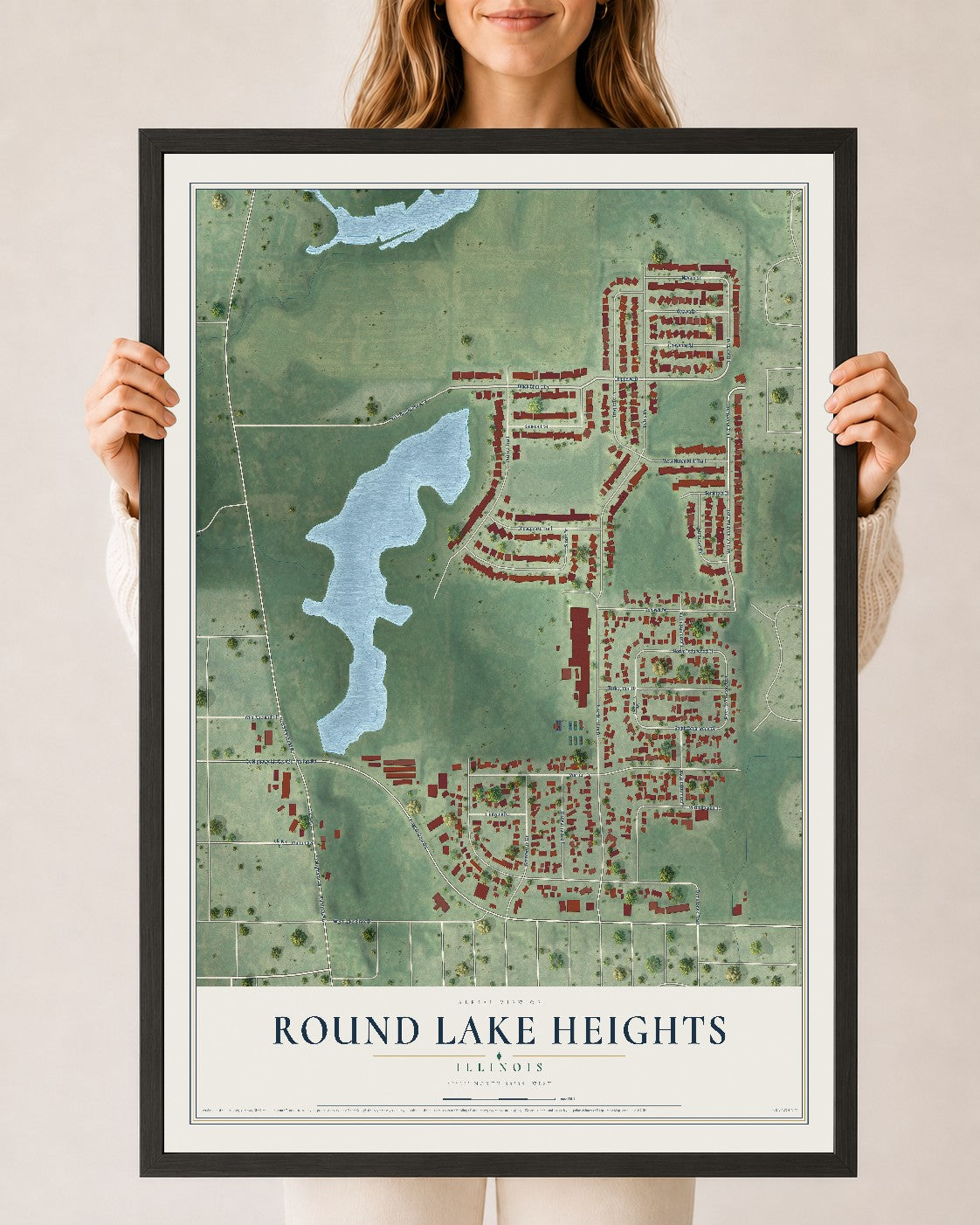 Map of Round Lake Heights, Illinois, 24 x 36 inch print in a black wood frame