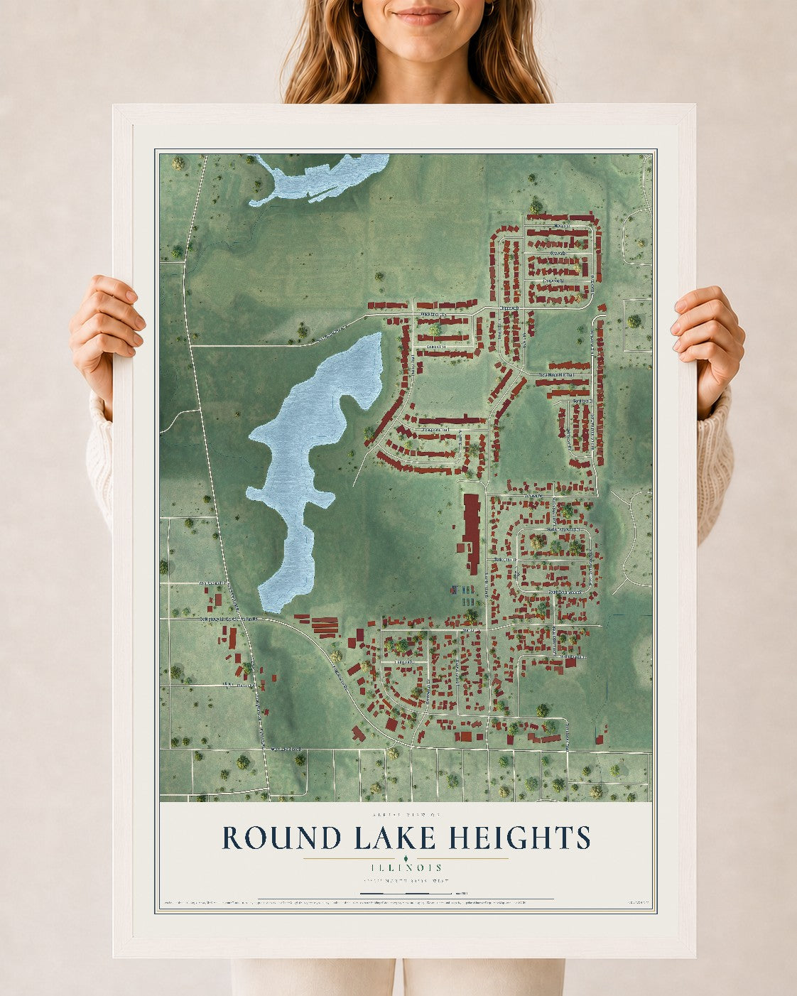 Map of Round Lake Heights, Illinois, 24 x 36 inch print in a white wood frame