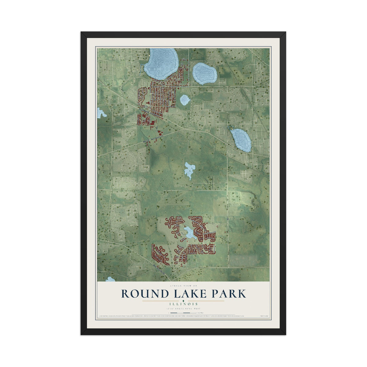 Map of Round Lake Park, Illinois, 12 x 18 inch print in a black wood frame