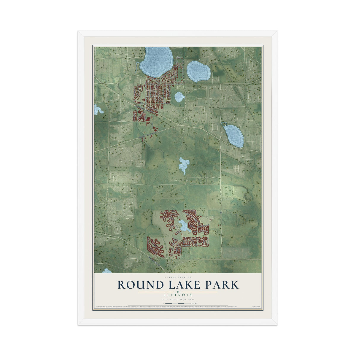 Map of Round Lake Park, Illinois, 12 x 18 inch print in a white wood frame