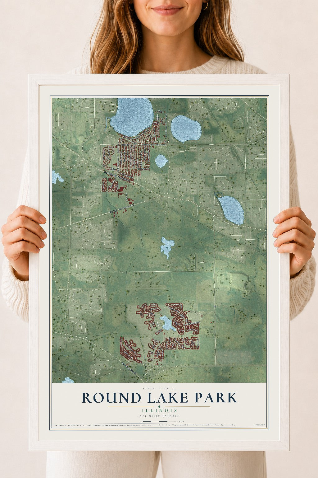 Map of Round Lake Park, Illinois, 18 x 24 inch print in a white wood frame