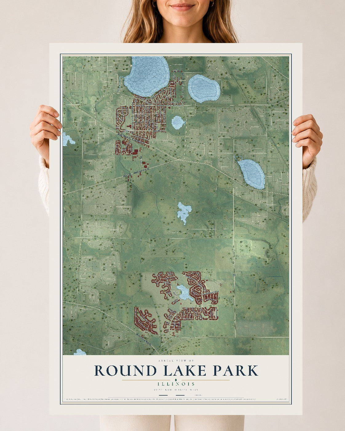 Map of Round Lake Park, Illinois, 24 x 36 inch unframed archival matte print