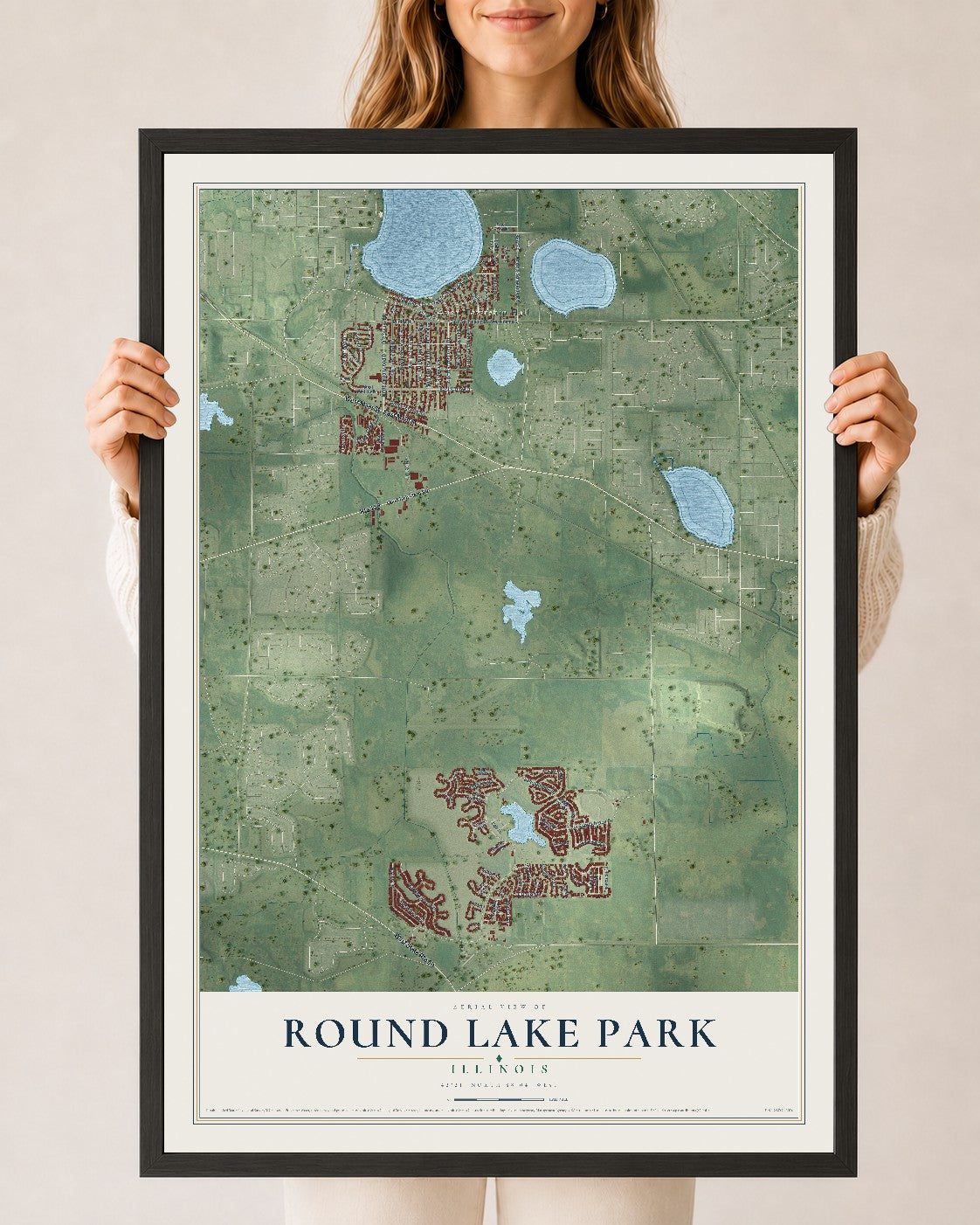 Map of Round Lake Park, Illinois, 24 x 36 inch print in a black wood frame