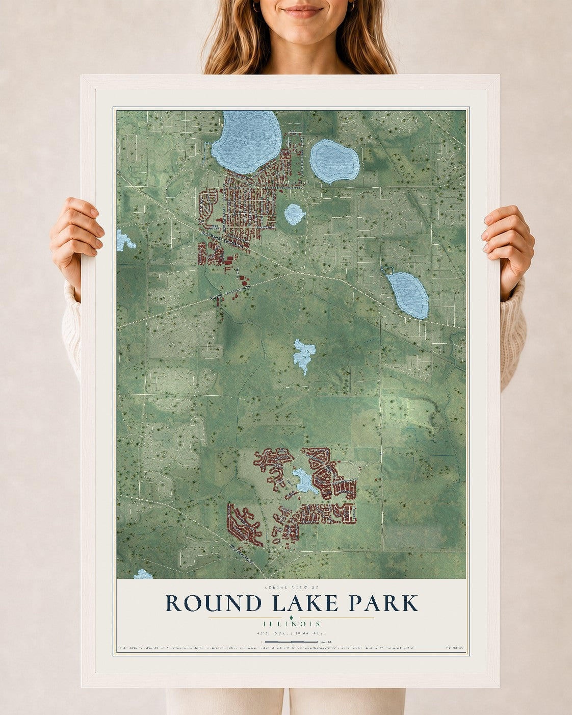 Map of Round Lake Park, Illinois, 24 x 36 inch print in a white wood frame