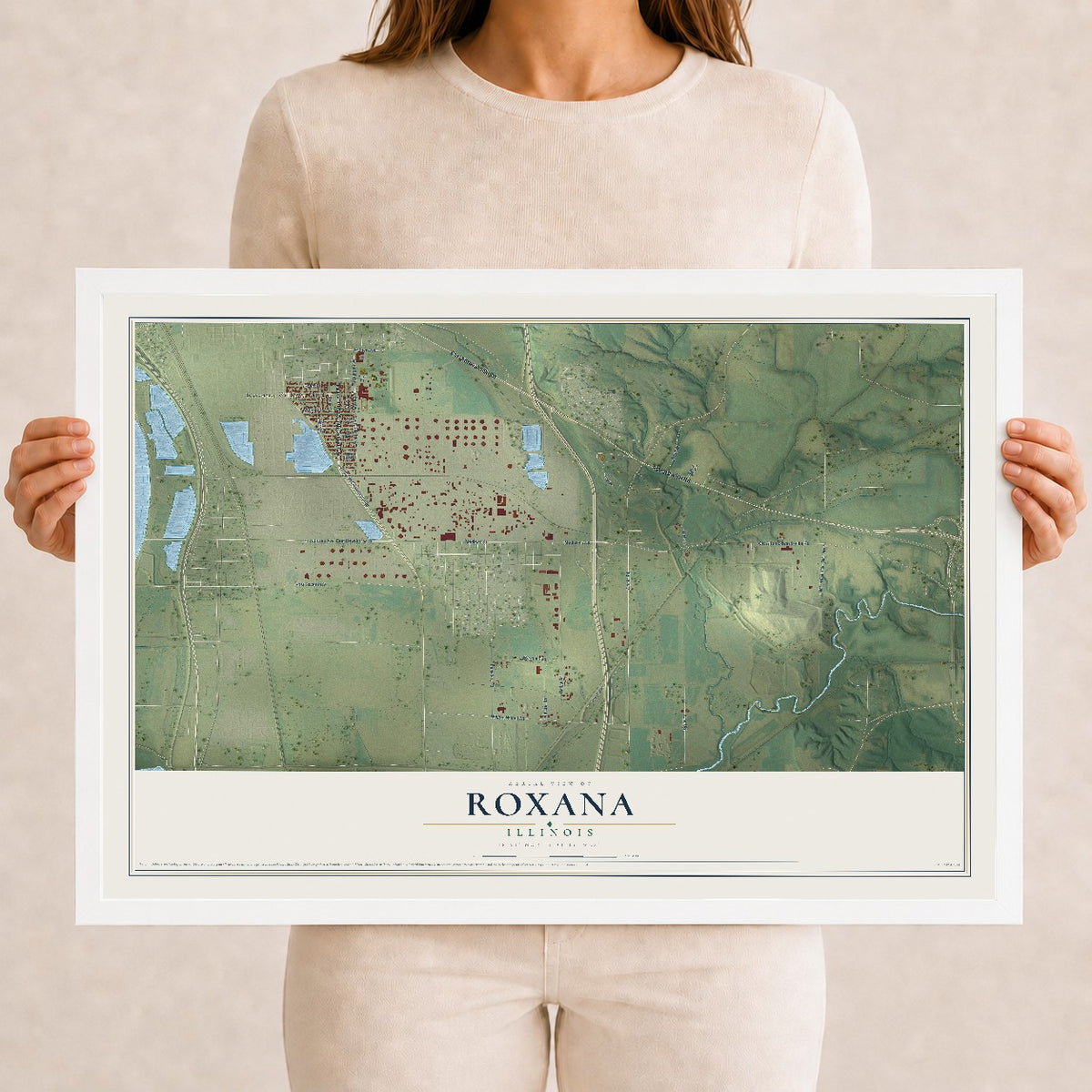 Map of Roxana, Illinois, 12 x 18 inch print in a white wood frame