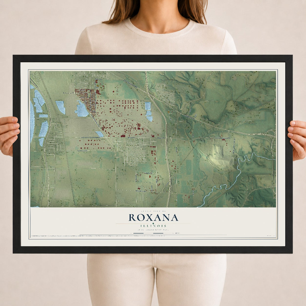 Map of Roxana, Illinois, 18 x 24 inch print in a black wood frame