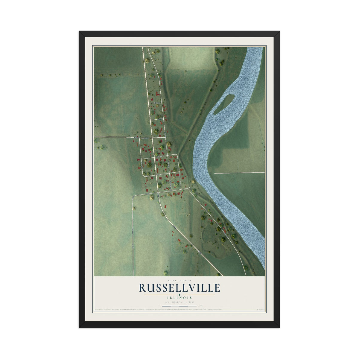 Map of Russellville, Illinois, 12 x 18 inch print in a black wood frame