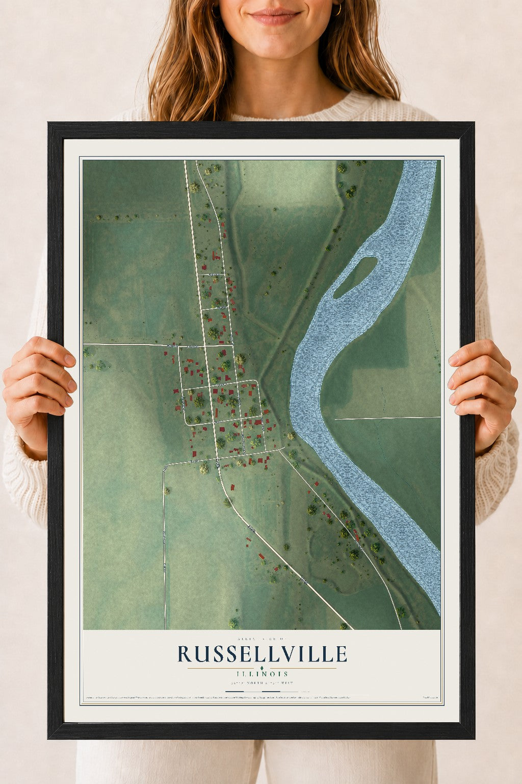 Map of Russellville, Illinois, 18 x 24 inch print in a black wood frame