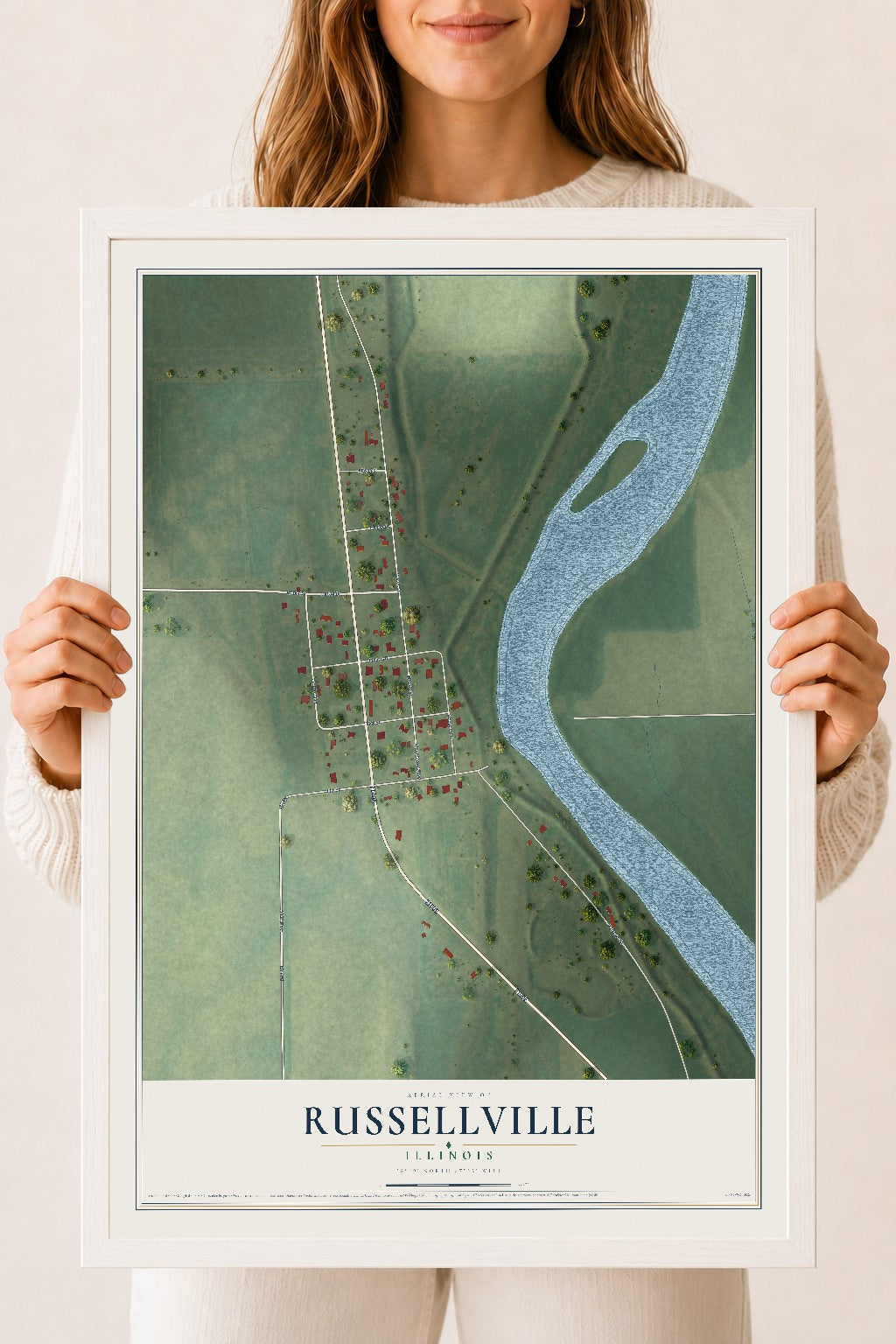 Map of Russellville, Illinois, 18 x 24 inch print in a white wood frame