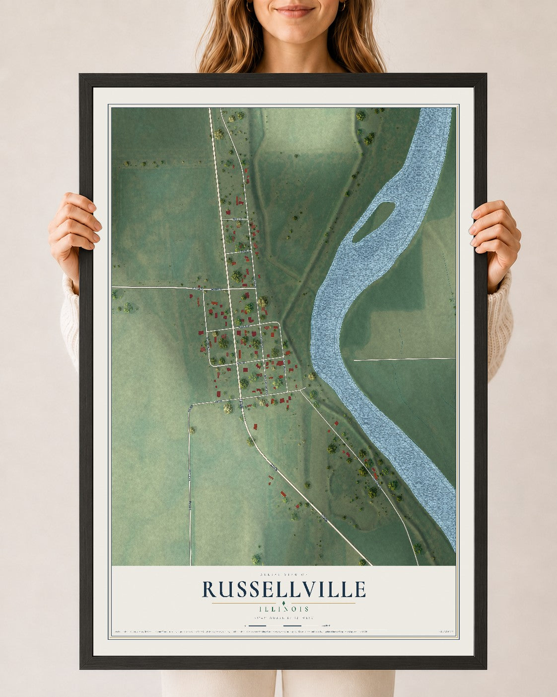 Map of Russellville, Illinois, 24 x 36 inch print in a black wood frame