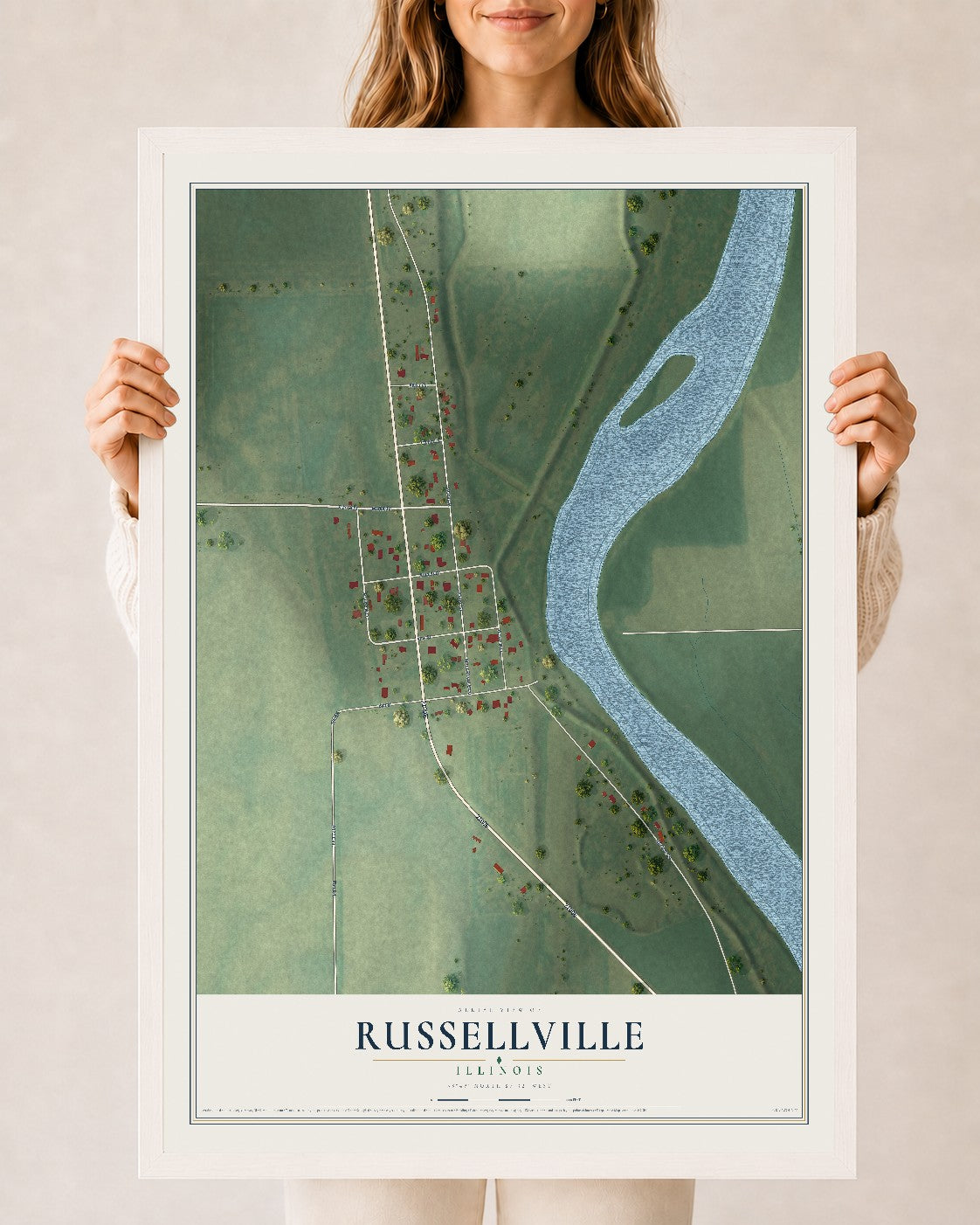Map of Russellville, Illinois, 24 x 36 inch print in a white wood frame