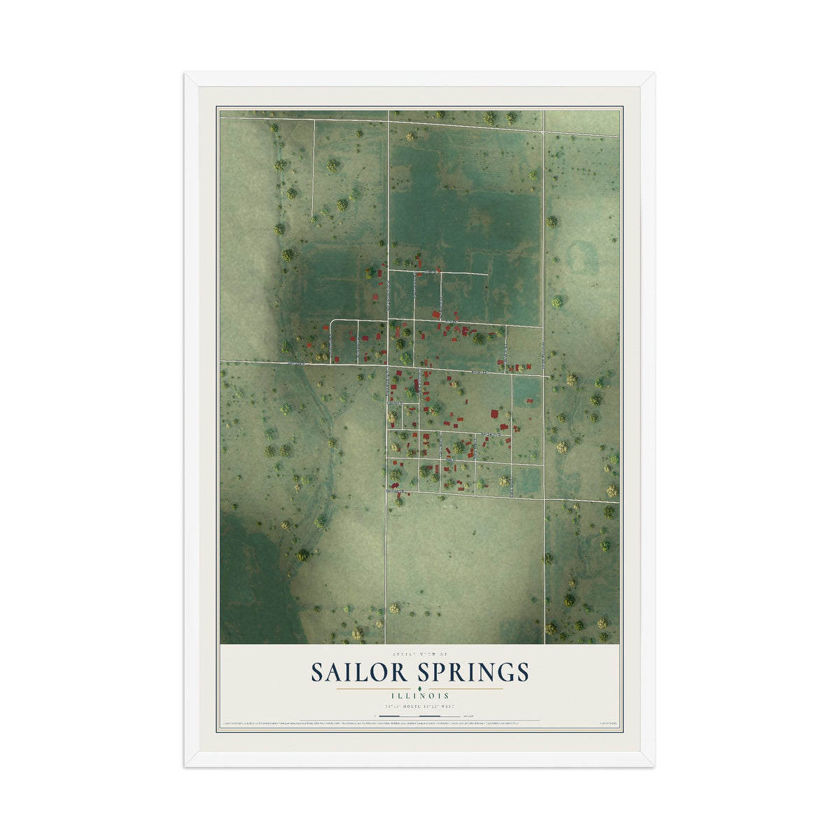 Map of Sailor Springs, Illinois, 12 x 18 inch print in a white wood frame
