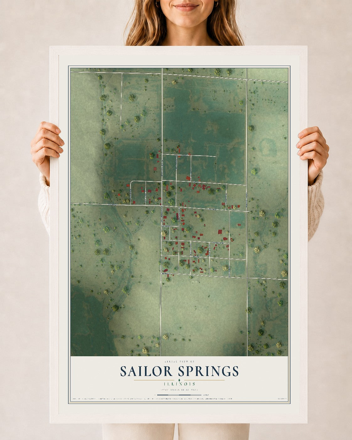 Map of Sailor Springs, Illinois, 24 x 36 inch print in a white wood frame