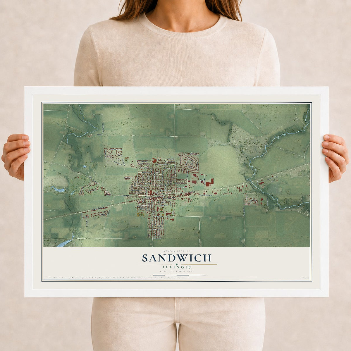 Map of Sandwich, Illinois, 12 x 18 inch print in a white wood frame