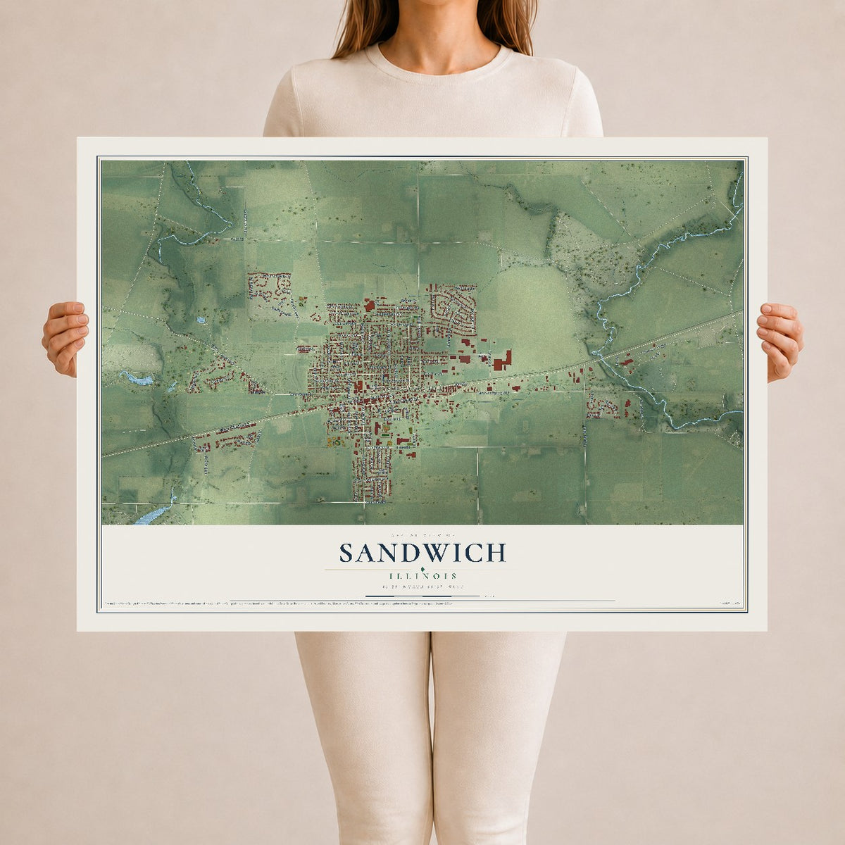 Map of Sandwich, Illinois, 24 x 36 inch unframed archival matte print