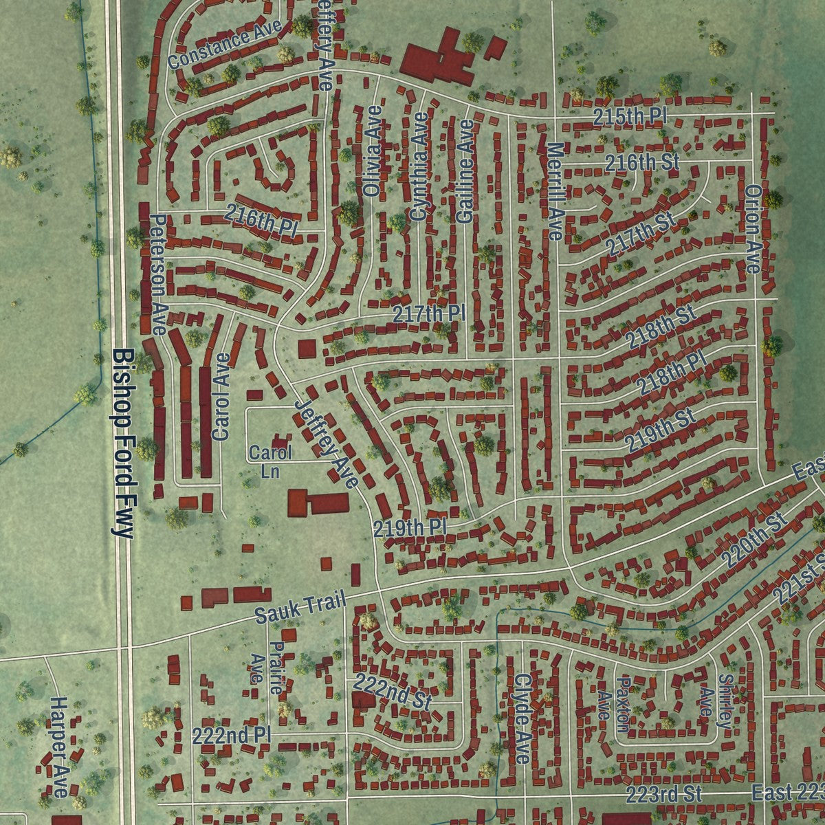 Close-up of the map of Sauk Village, Illinois print showing street and building detail