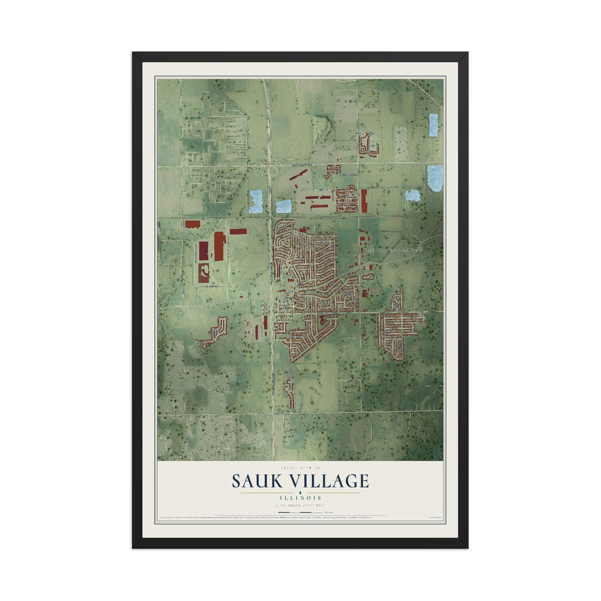 Map of Sauk Village, Illinois, 12 x 18 inch print in a black wood frame