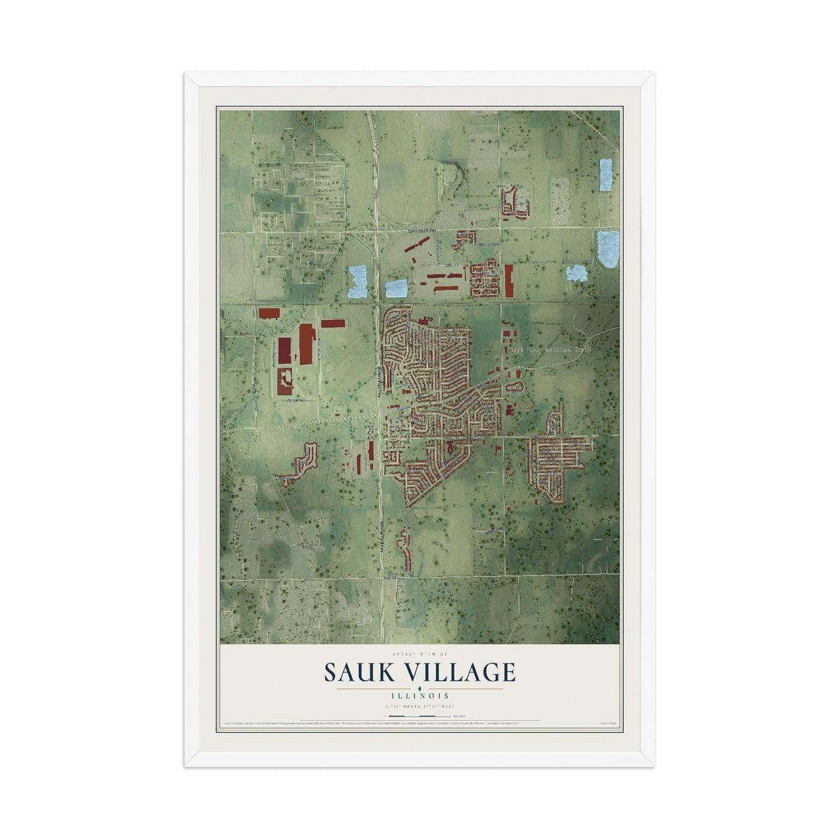Map of Sauk Village, Illinois, 12 x 18 inch print in a white wood frame