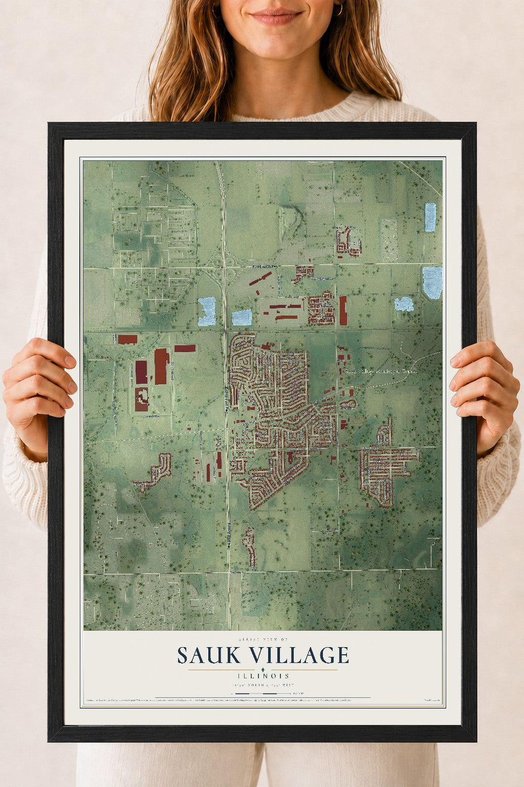 Map of Sauk Village, Illinois, 18 x 24 inch print in a black wood frame
