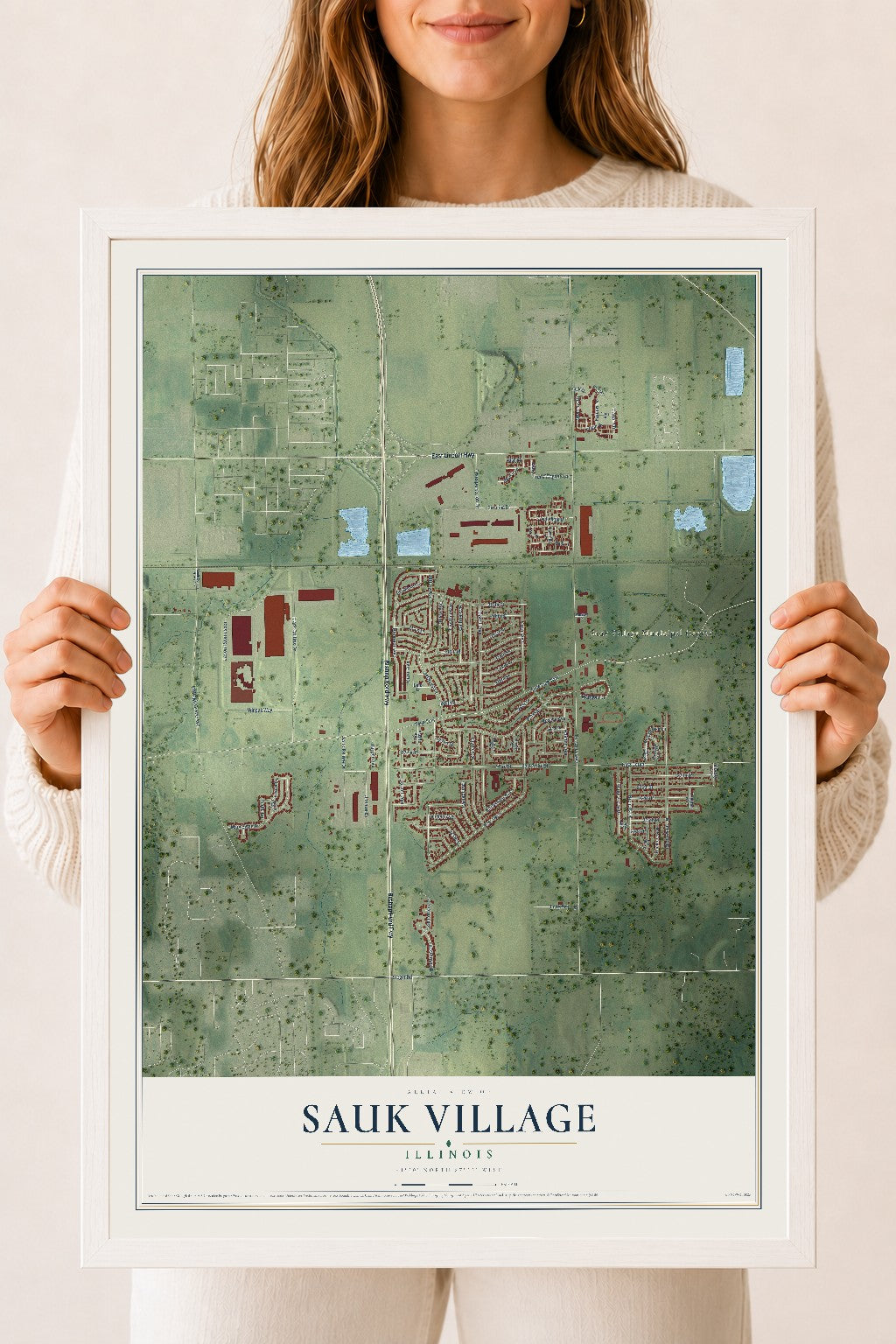 Map of Sauk Village, Illinois, 18 x 24 inch print in a white wood frame