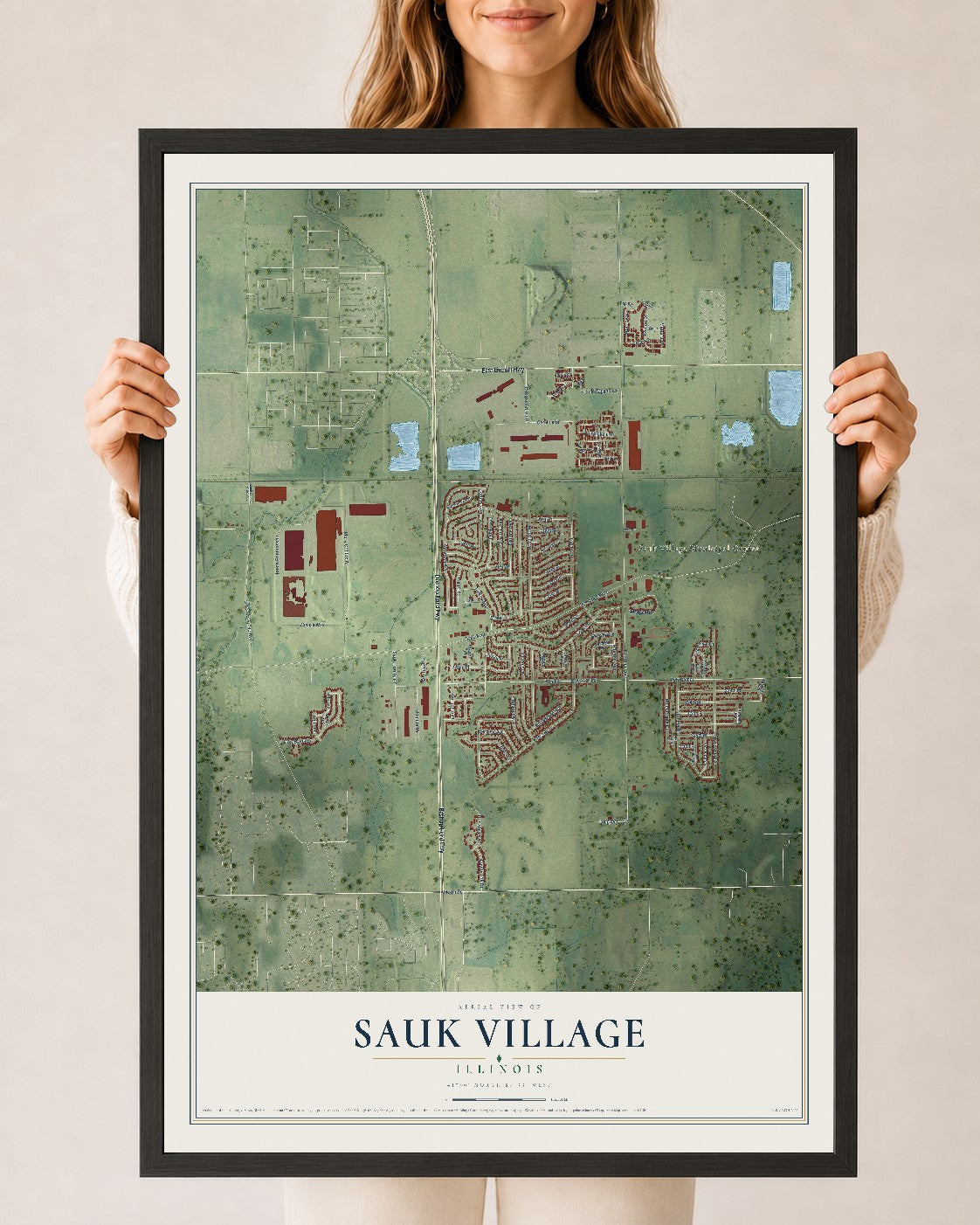 Map of Sauk Village, Illinois, 24 x 36 inch print in a black wood frame