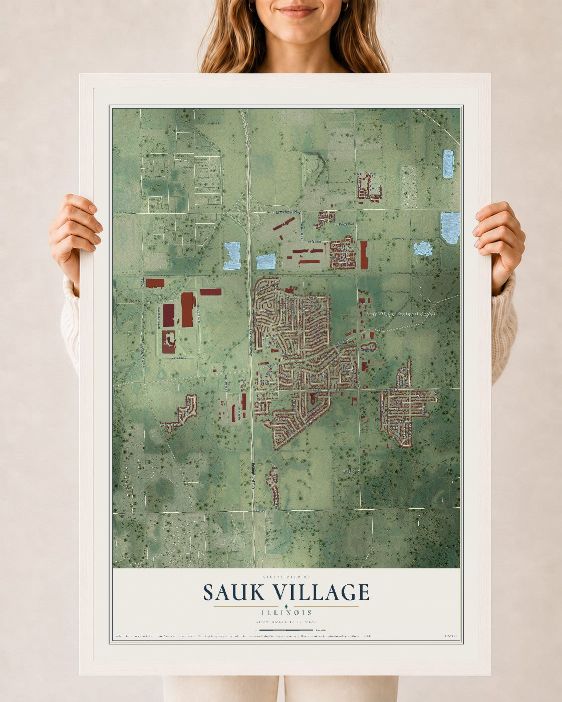 Map of Sauk Village, Illinois, 24 x 36 inch print in a white wood frame