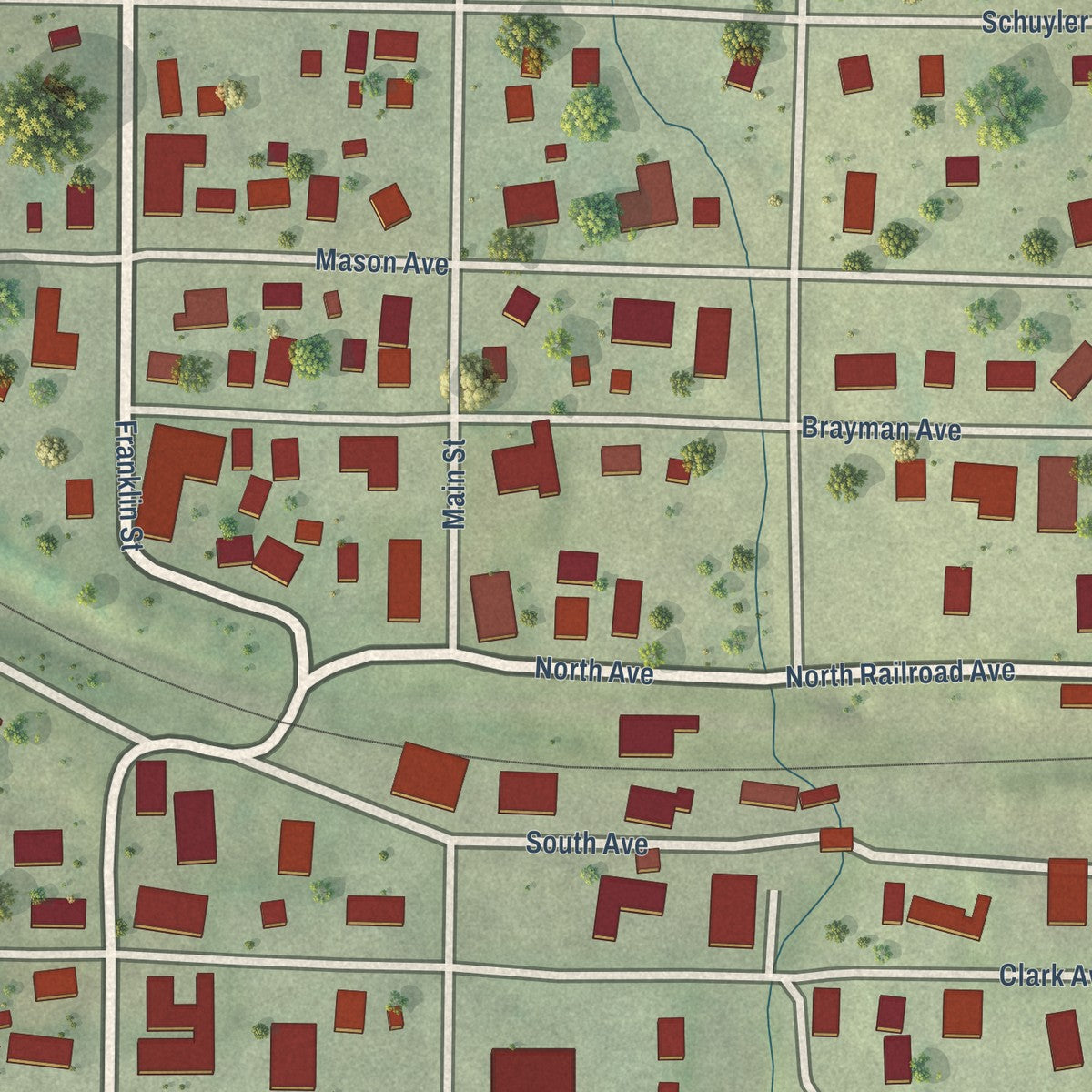 Close-up of the map of Scales Mound, Illinois print showing street and building detail