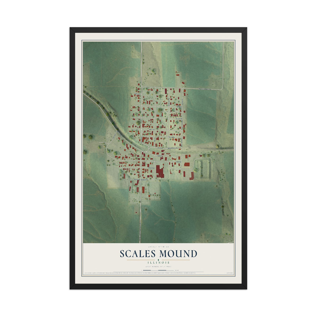 Map of Scales Mound, Illinois, 12 x 18 inch print in a black wood frame