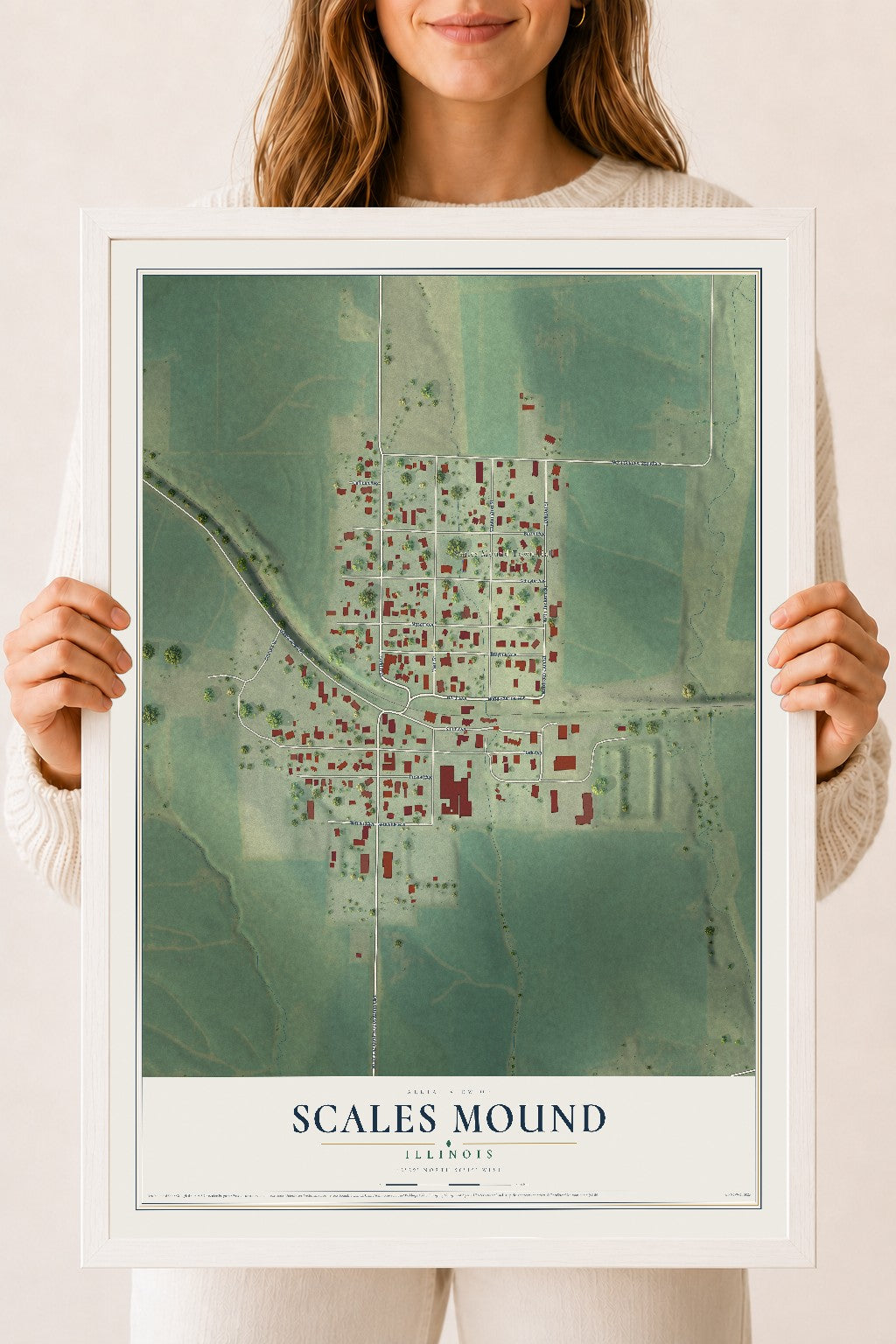 Map of Scales Mound, Illinois, 18 x 24 inch print in a white wood frame